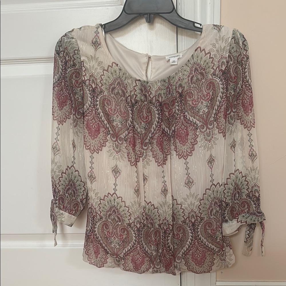Westport Cream and Red Ruffled Blouse 3/4 Sleeve